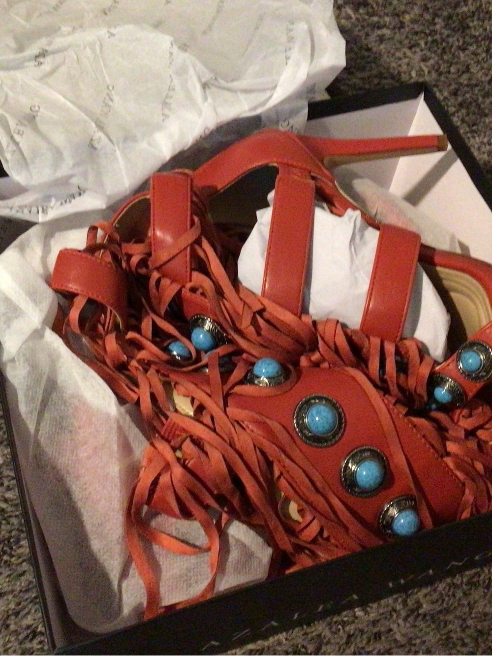 AKIRA Orange Fringe Gladiator Heels with Turquoise Stones